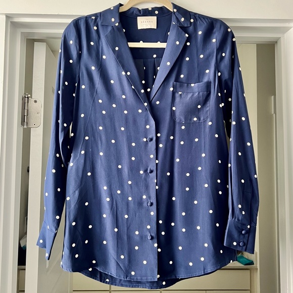 NEW Sezane Navy Polka Dot Silk Shirt - Picture 3 of 5